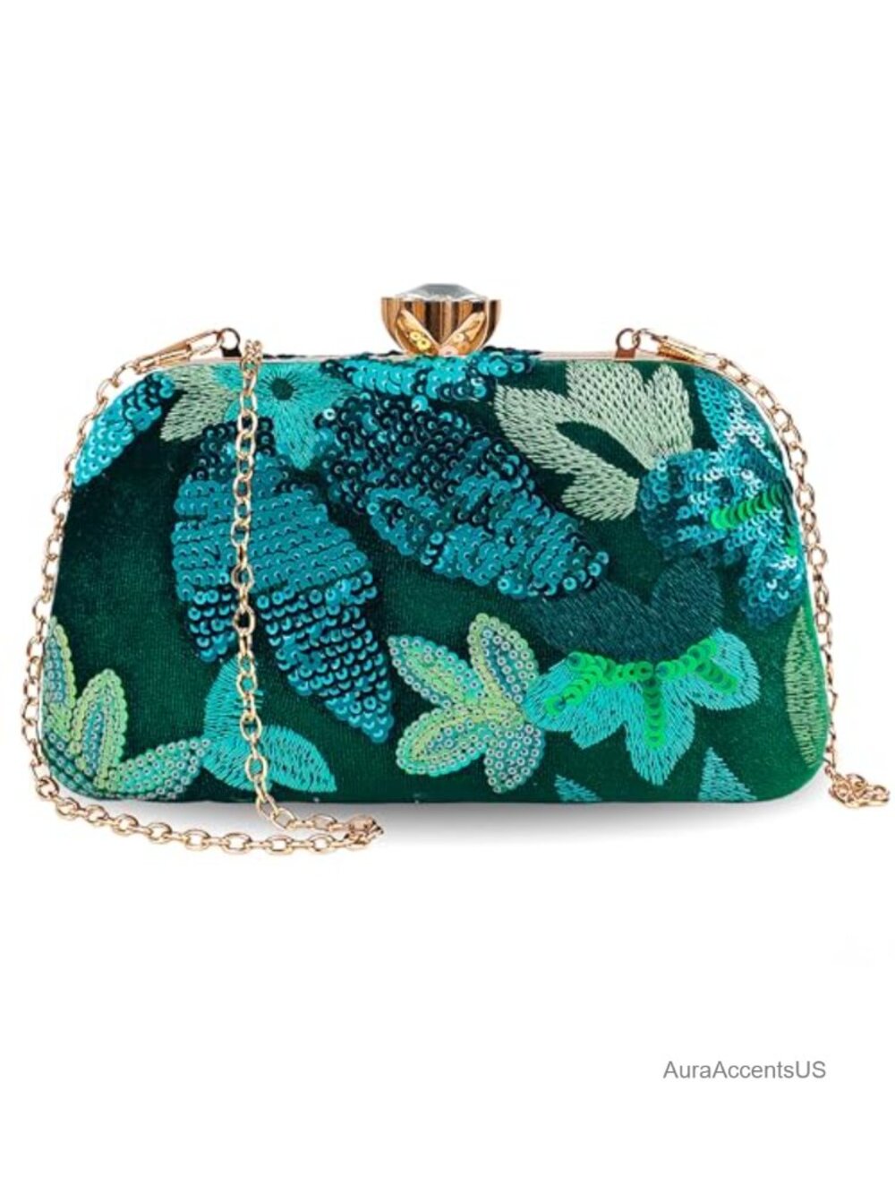 Beaded Sequin Floral Clutch Evening Bag with Chains